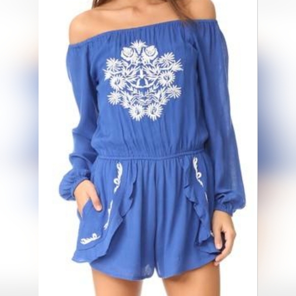 Lovers + Friends Blue and White Embroidered Carmella Romper - Picture 2 of 12